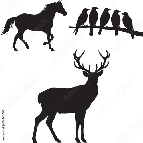 silhouette of deer, horse and birds, editable file