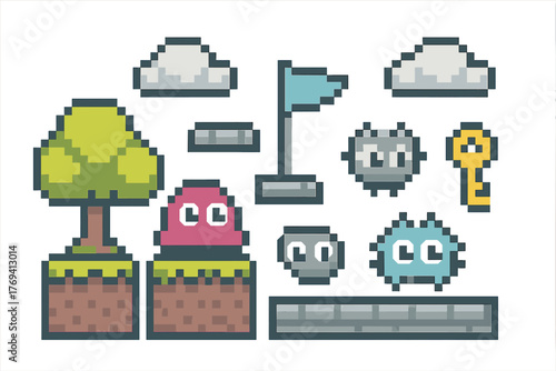Retro pixel art video game assets collection featuring enemies, environment, and collectible items