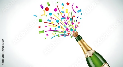 Celebratory Champagne Bottle Bursting with Confetti and Streamers.