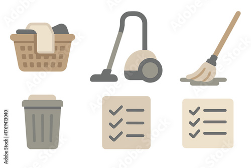 Household cleaning and chore symbols featuring laundry basket, vacuum, mop, and checklist