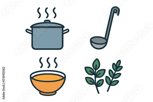 Set of cooking and food preparation icons including steaming pot, soup bowl, ladle, and fresh herbs