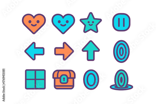 Colorful game interface elements set including hearts, star, arrows, pause button, and treasure chest