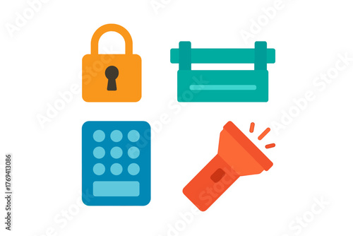 Padlock, wooden crate, keypad, and flashlight symbols for security and emergency