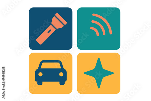 Essential flat design icons set featuring flashlight, wireless signal, car, and sparkle