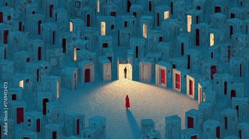 Mysterious Pathways Among Endless Doors in a Surreal Landscape