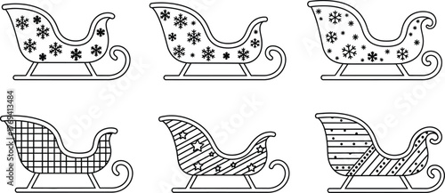 Collection of six hand-drawn christmas sledges with various patterns