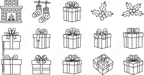 Festive Christmas icons, including fireplace, stockings, gifts and holly