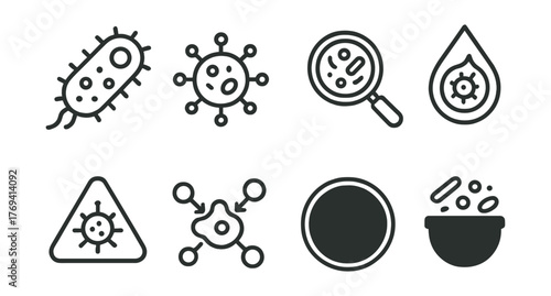 Set of six black and white icons that represent different types of bacteria