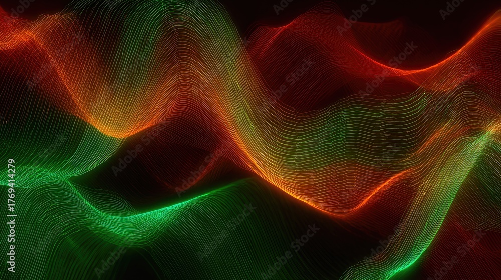 Fototapeta premium Abstract Waves of Light in Red and Green Over Black Background