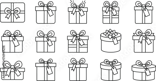 Collection of outline gift box icons with ribbons and tags
