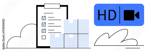 Clipboard with checklist, stacked shipping boxes, and HD video icon. Ideal for logistics, inventory, warehouse, planning, streaming online organization and remote work. Simple flat metaphor