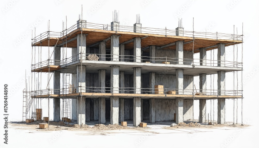 Obraz premium Hand drawn sketch shows construction site. Building scaffolding, concrete columns, wooden floor. Illustration presents architecture, engineering concept. Design looks like blueprint. Real estate