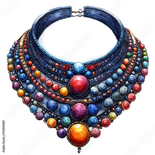 Layered Necklace, watercolor clipart vector, isolated on a white background.