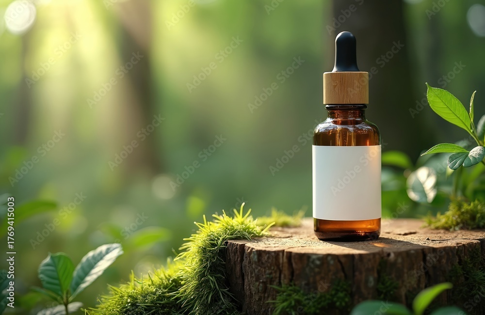 Fototapeta premium Brown glass dropper bottle with blank label rests on mossy tree stump in sunlit forest. Natural herbal remedy or essential oil product packaging mockup.