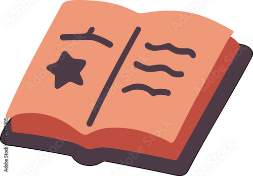 Flat minimalist illustration of an open spellbook with mystical symbols and a star, representing witchcraft knowledge, magic rituals, and Halloween mystery.