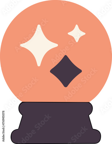 Flat minimalist illustration of a crystal ball with glowing star shapes inside, symbolizing fortune-telling, divination, and mystical Halloween magic.