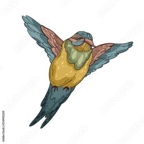 A cute, hand-drawn vector illustration of a kingfisher. This artistic and simple drawing of a wild bird is perfect for stickers, cards, posters, and other graphic design projects