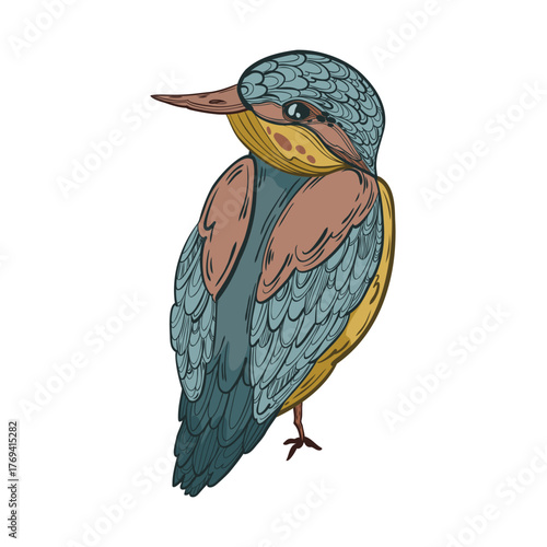 A cute, hand-drawn vector illustration of a kingfisher. This artistic and simple drawing of a wild bird is perfect for stickers, cards, posters, and other graphic design projects