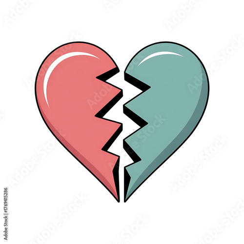 Broken heart vector illustration, split red and blue heart icon, concept of heartbreak and divorce, isolated emotional symbol on white background