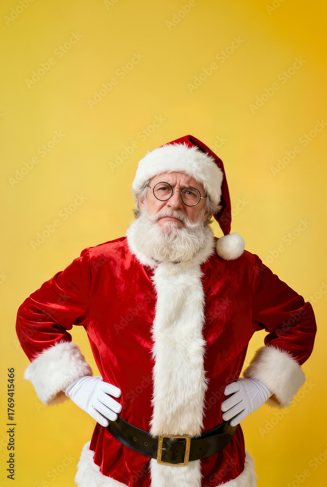 Naklejka premium Santa Claus poses confidently is angry and focused with his hands on his hips against a bright yellow background during the holiday season