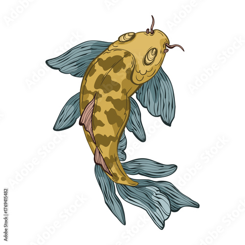 A cheerful, hand-drawn vector illustration of a golden koi fish. This artistic and simple drawing of an aquatic animal is perfect for stickers, cards, posters, and other graphic design projects