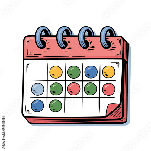 Hand drawn calendar icon with colorful event markers, spiral bound planner illustration, daily schedule organizer for time management and planning