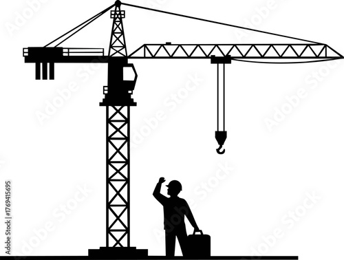 Construction Worker and Crane Silhouette isolated on white backround