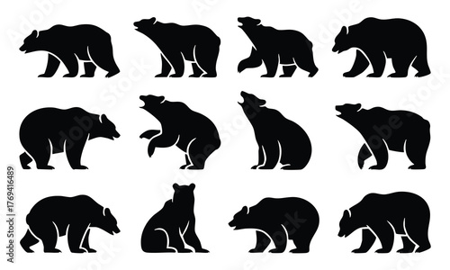 Collection of Bear Silhouettes in Various Poses, Black Bear Walking, Sitting, and Roaring Silhouettes, Set of Twelve Wild Bear Icons, vector, illustration