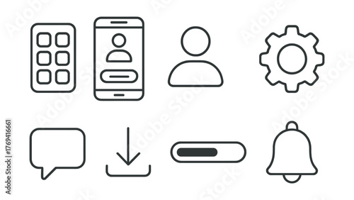 Set of icons for a phone app, including a bell, a download button