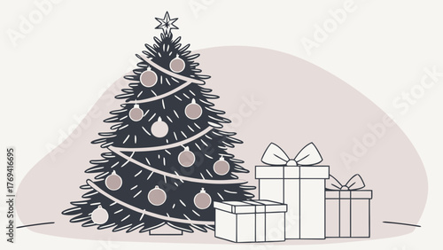 Elegant Christmas Tree Scene with Gifts for Festive Celebrations, Ideal for Holiday Marketing, Cards, and Cozy Winter Promotions, Originally a Vector Graphic