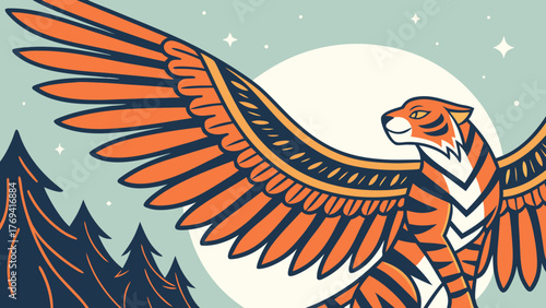 Majestic winged tiger soars above the forest, a symbol of power and freedom, great for fantasy designs, posters, and unique animal artwork projects