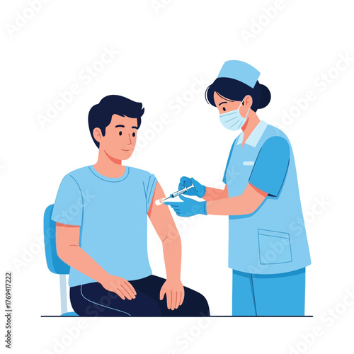 Nurse administering vaccine to patient at clinic for health and wellness