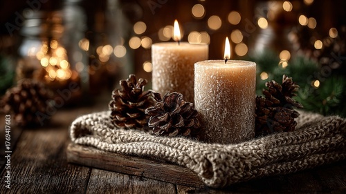 Lit candles with pinecones and greenery on a rustic table, warm bokeh lights in the background create a festive holiday ambiance.