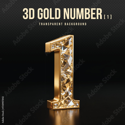 3D Gold Number 1 with Diamond Crystal Texture on Transparent Background