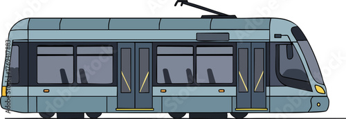 Modern Light Blue Tram Vehicle for Public Transport isolated on white backround