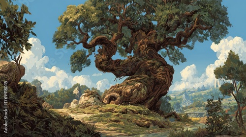 Large ancient oak tree dominates a scenic landscape under a bright blue sky