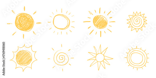 Sun doodle icons. Cartoon summer hand drawn abstract sketch. Cute grunge yellow symbol of sunset. Pencil vector spiral illustration on white background. Chalk and crayon drawing.