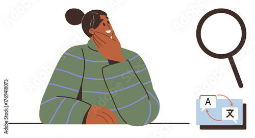 Person thinking, magnifying glass amplifying focus, translation dialog symbols symbolize communication, learning. Ideal for education, linguistics, global communication, research, problem-solving