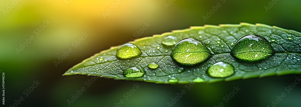 Fototapeta premium Fresh green leaf with morning dew drops in macro photography. Natural water droplets on plant surface create spherical patterns against blurred background.