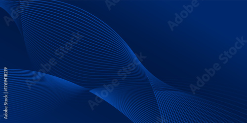 Elegant dark blue abstract background with smooth curved wave lines and gradient effect, modern minimalist design ideal for business, technology, corporate, and digital presentation templates. Eps10.