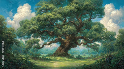 A large lush oak tree with expansive branches and green foliage against a blue sky