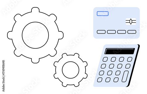 Gears, calculator, and a chip card representing collaboration, fintech innovation, financial management, technical systems, digital economy, payment methods and problem-solving. Ideal for simple