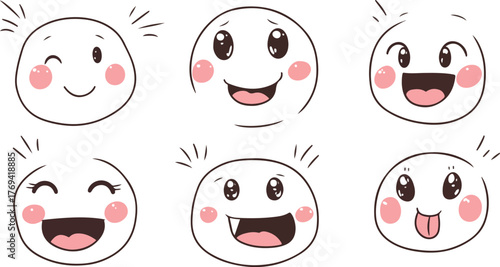 A set of funny cartoon vector monster faces and smiley character icons illustrate various cute and expressive emotions