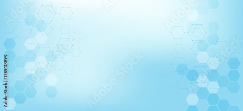 Health care or medical abstract background with hexagons, lines and dots. Scientific innovation banner template concept. Biology and pharmaceutical technology background. illustration.