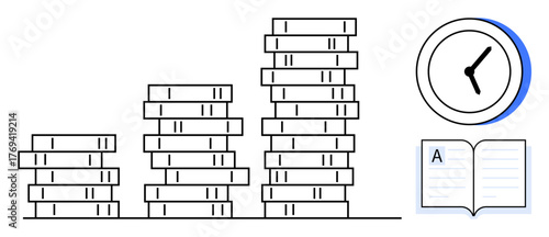 Stacks of books growing taller, an open book beside a clock. Ideal for education, studying, time management, progress, academic growth, knowledge organization. Simple flat metaphor