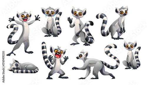 Funny ring-tailed lemur characters set showing various emotions and poses like sleeping, running, and smiling. Vector cartoon character illustration