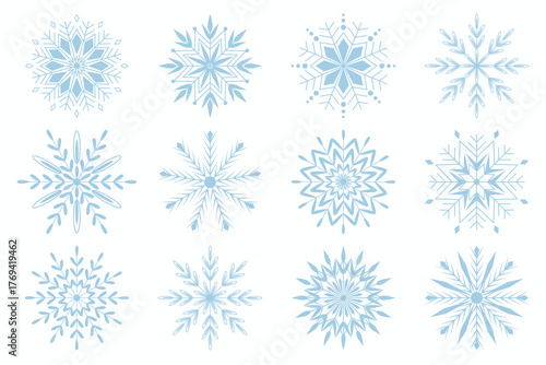 Set of diverse blue snowflakes isolated on a white background. Flat vector illustration.	