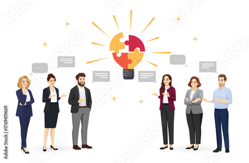 Teamwork and collaboration concept. Group of business people discussing ideas around a puzzle light bulb, symbolizing innovation and problem solving. Isolated vector illustration.