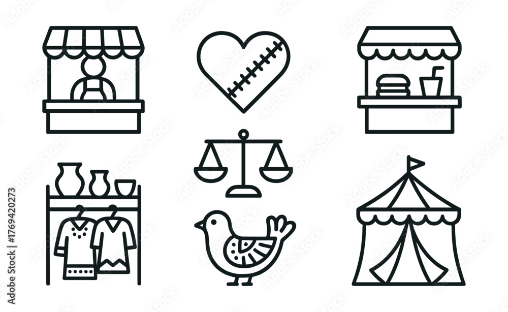 Naklejka premium Series of black and white icons that include a clothes rack, a bird, a heart