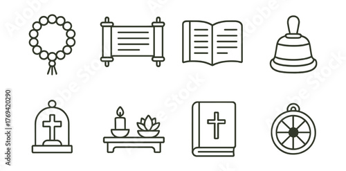 Set of religious icons including a cross, a bell, a book, a rosary, a bell